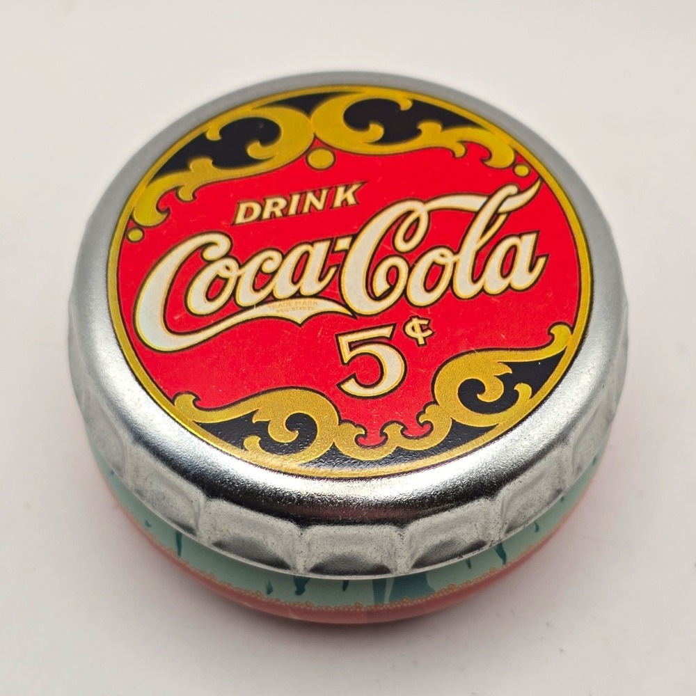 Coca-Cola 5¢ Bottle Cap Metal Tin Container w/ Lid Soda Theme Red Silver
